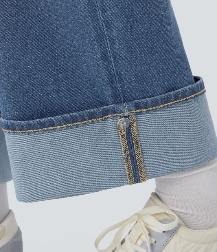 jean décontracté halara flex taille haute poches ourlet ajustable jambes larges délavé