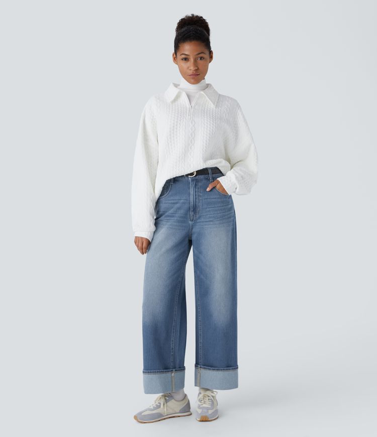jean décontracté halara flex taille haute poches ourlet ajustable jambes larges délavé