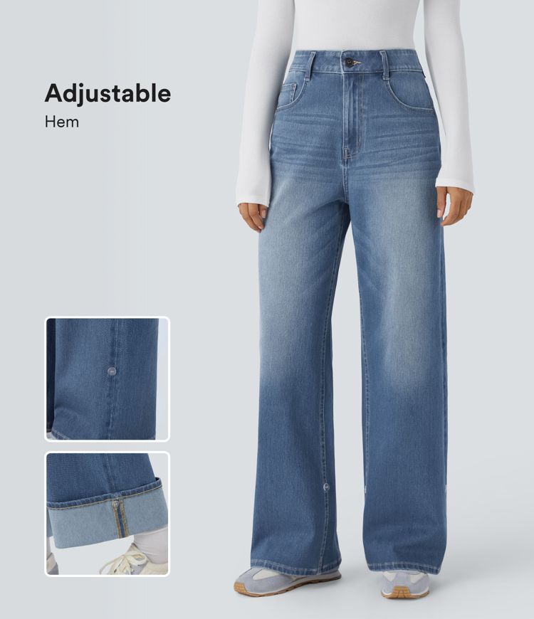 jean décontracté halara flex taille haute poches ourlet ajustable jambes larges délavé