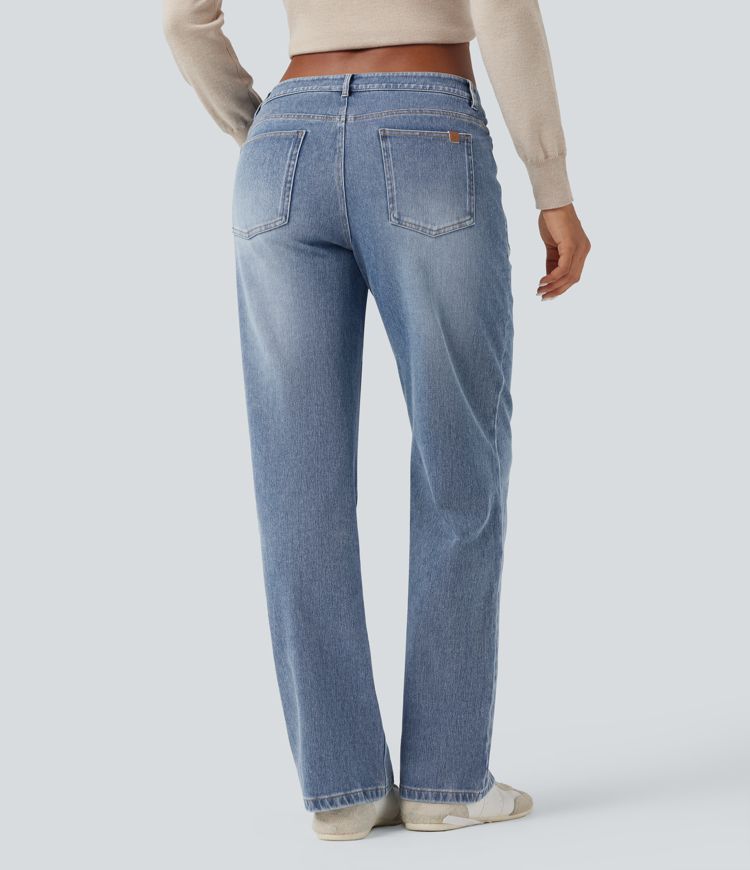 jean décontracté halara flex taille basse coupe droite délavé avec poches