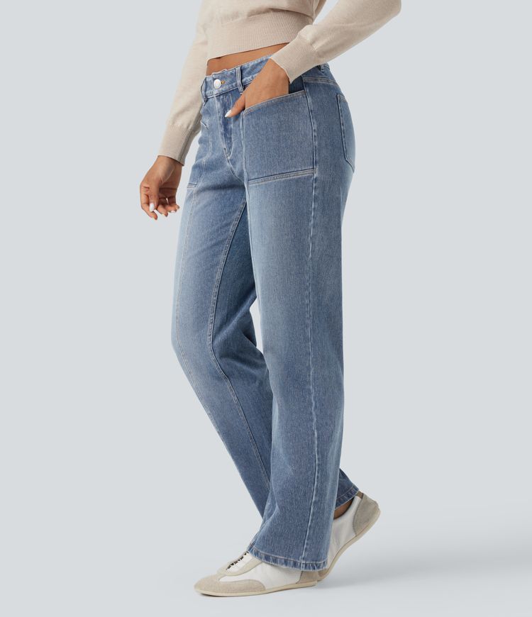jean décontracté halara flex taille basse coupe droite délavé avec poches