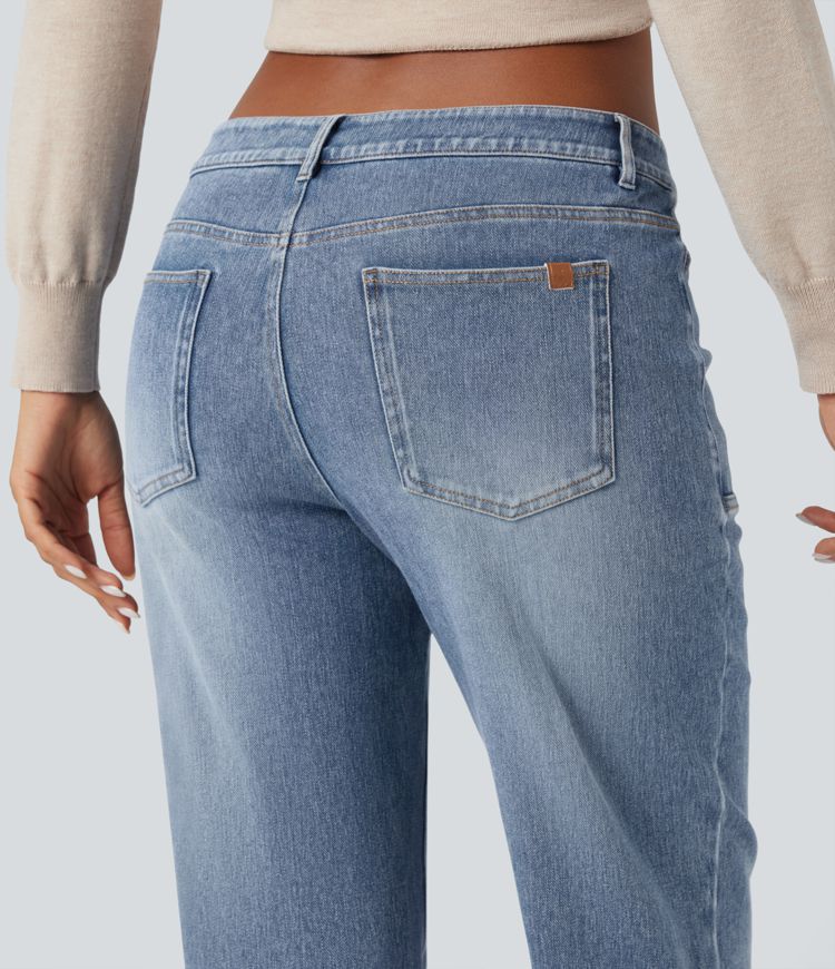 jean décontracté halara flex taille basse coupe droite délavé avec poches