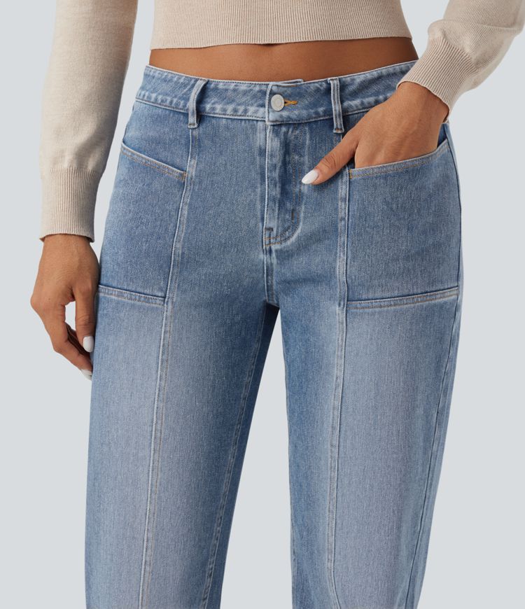 jean décontracté halara flex taille basse coupe droite délavé avec poches