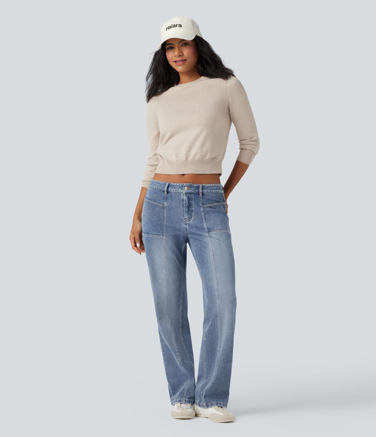 jean décontracté halara flex taille basse coupe droite délavé avec poches