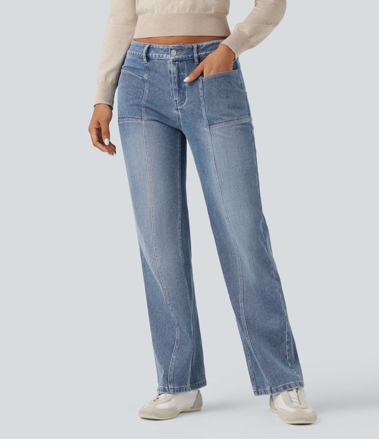 jean décontracté halara flex taille basse coupe droite délavé avec poches