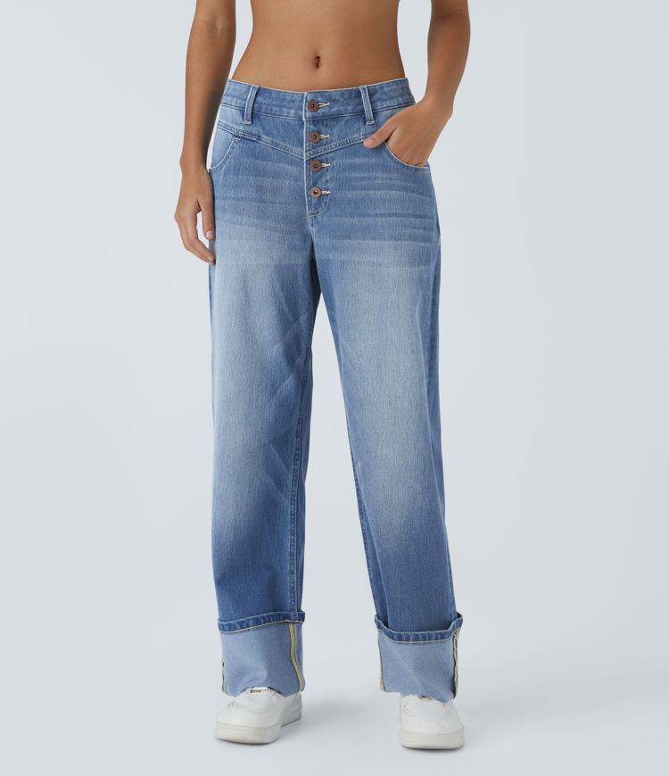 jean boyfriend décontracté halara flex taille basse poches ourlet roulé délavé