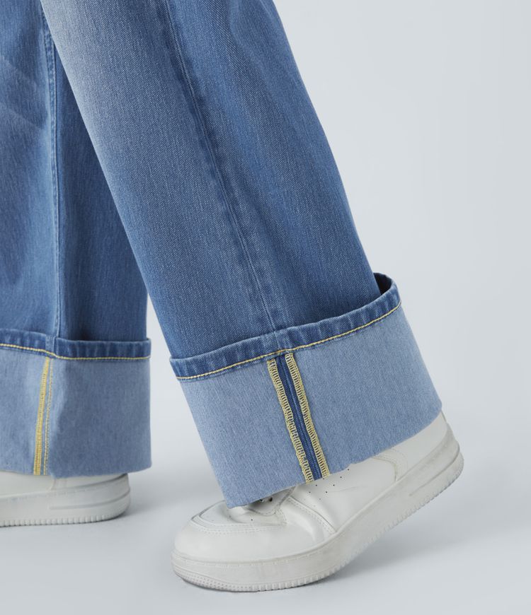 jean boyfriend décontracté halara flex taille basse poches ourlet roulé délavé