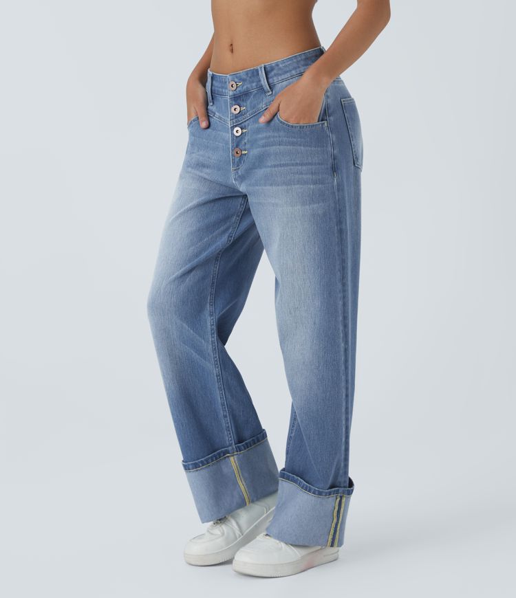 jean boyfriend décontracté halara flex taille basse poches ourlet roulé délavé