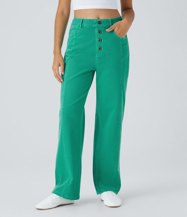 jean boyfriend décontracté et coloré à taille haute et poches décoratives halara flex
