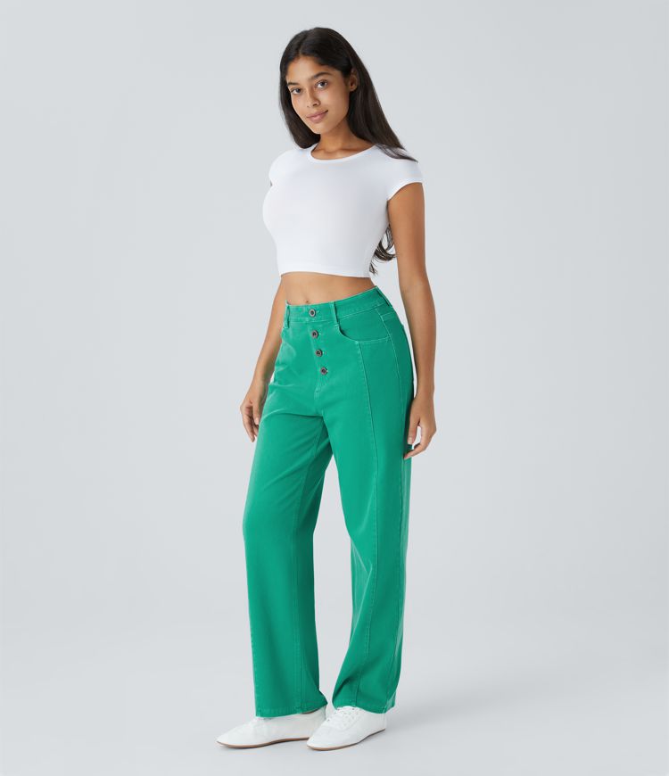 jean boyfriend décontracté et coloré à taille haute et poches décoratives halara flex