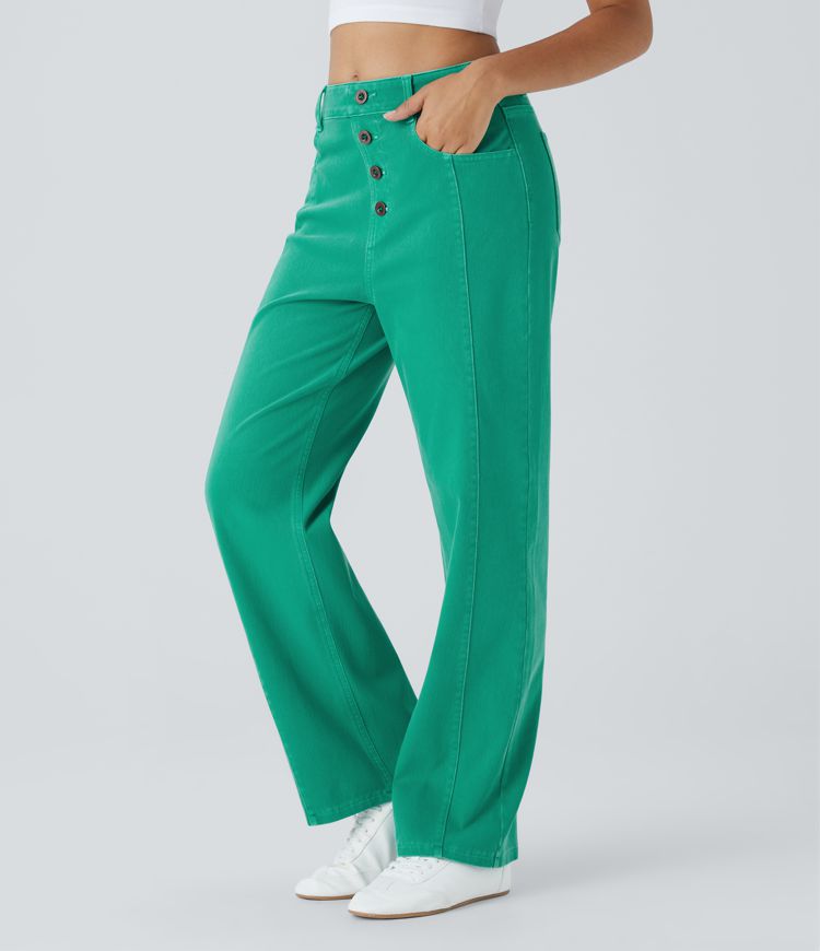 jean boyfriend décontracté et coloré à taille haute et poches décoratives halara flex