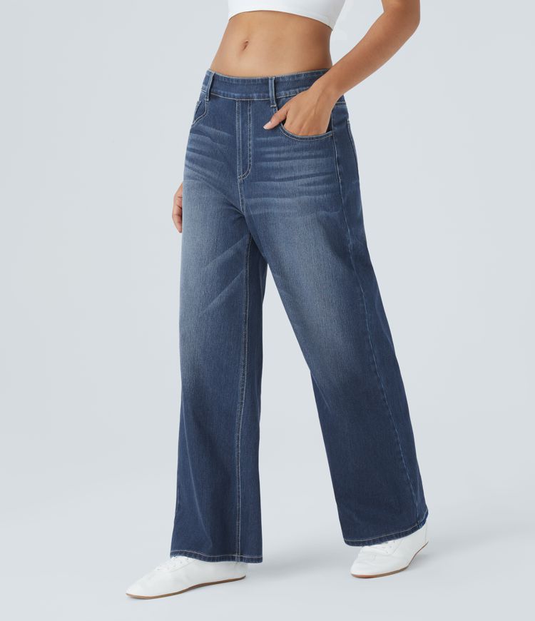 jean décontracté halara flex taille mi-haute poches délavé ample jambes larges