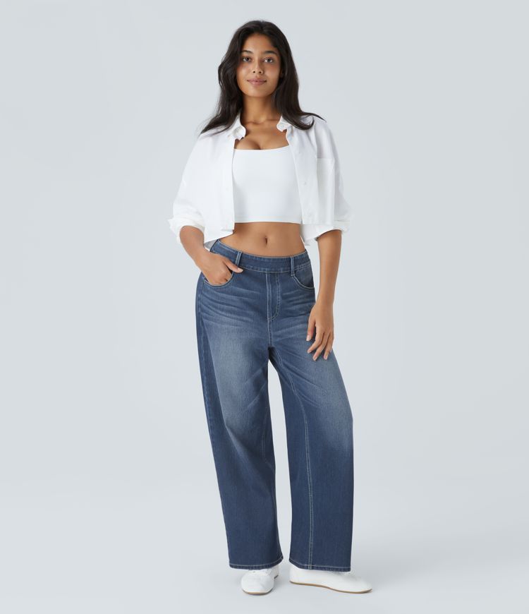 jean décontracté halara flex taille mi-haute poches délavé ample jambes larges