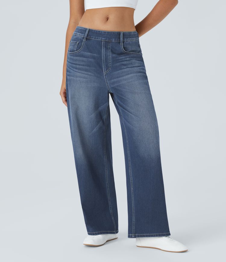 jean décontracté halara flex taille mi-haute poches délavé ample jambes larges