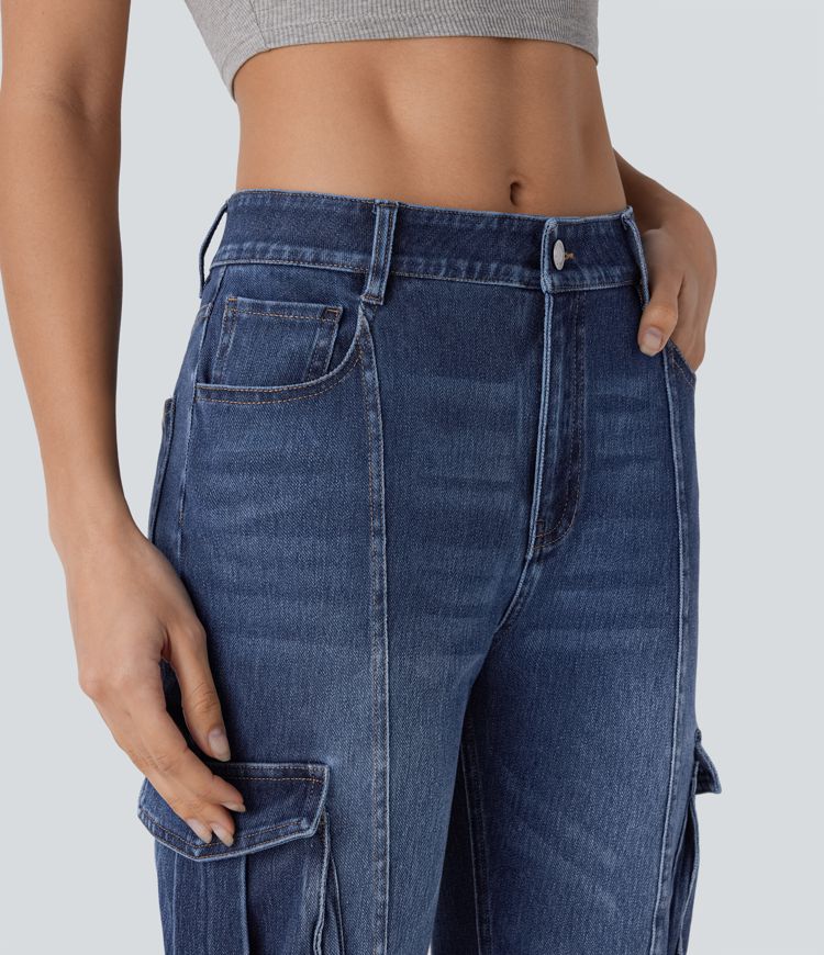 jean cargo évasé décontracté à poches et taille mi-haute halara flex