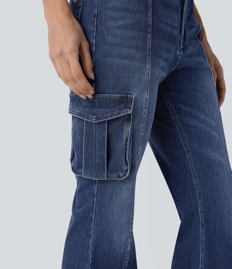 jean cargo évasé décontracté à poches et taille mi-haute halara flex
