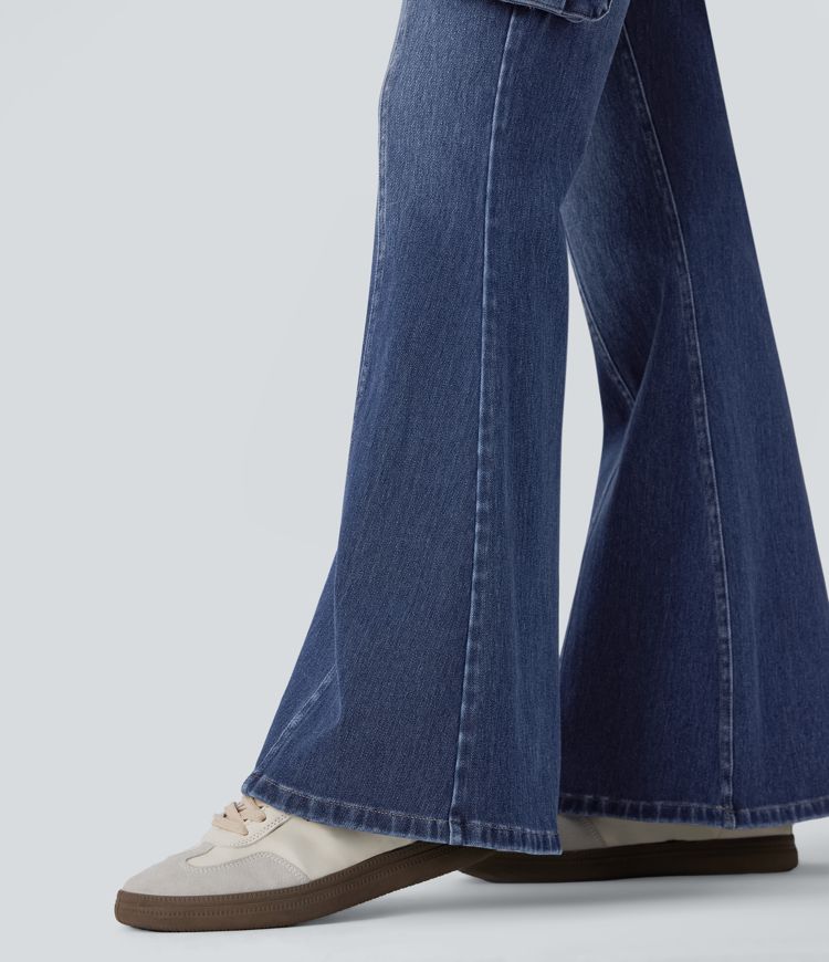 jean cargo évasé décontracté à poches et taille mi-haute halara flex