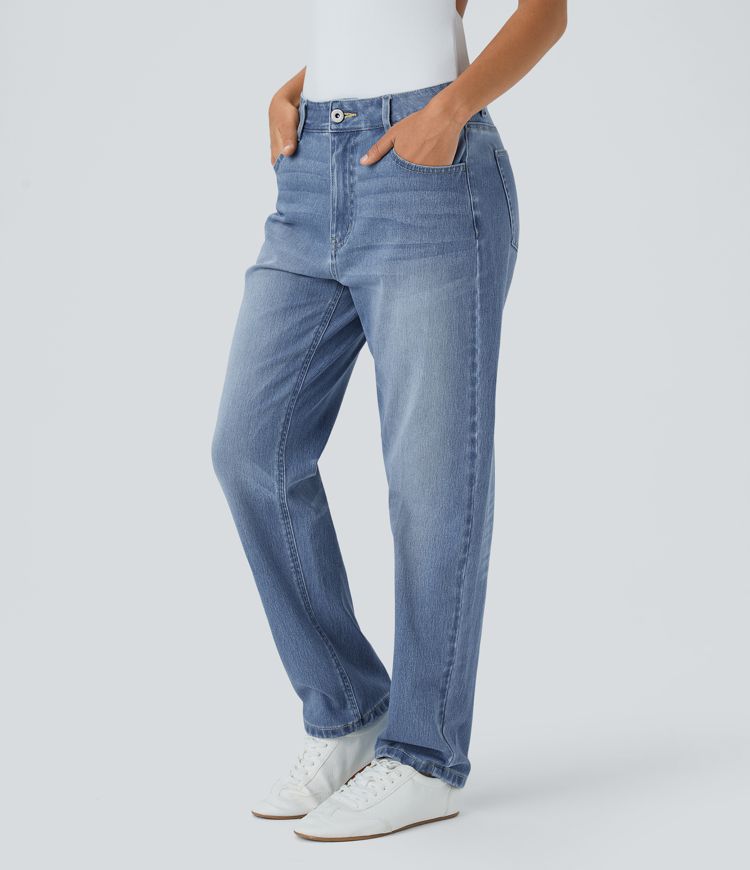 jean halara flex taille mi-basse poches zippées délavé style mom décontracté