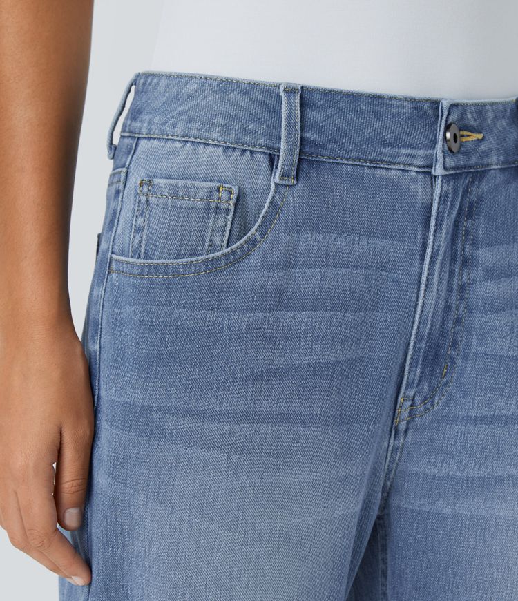 jean halara flex taille mi-basse poches zippées délavé style mom décontracté