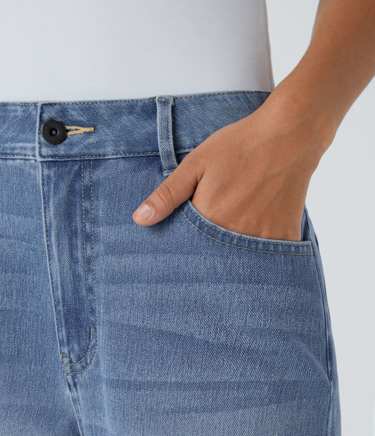 jean halara flex taille mi-basse poches zippées délavé style mom décontracté