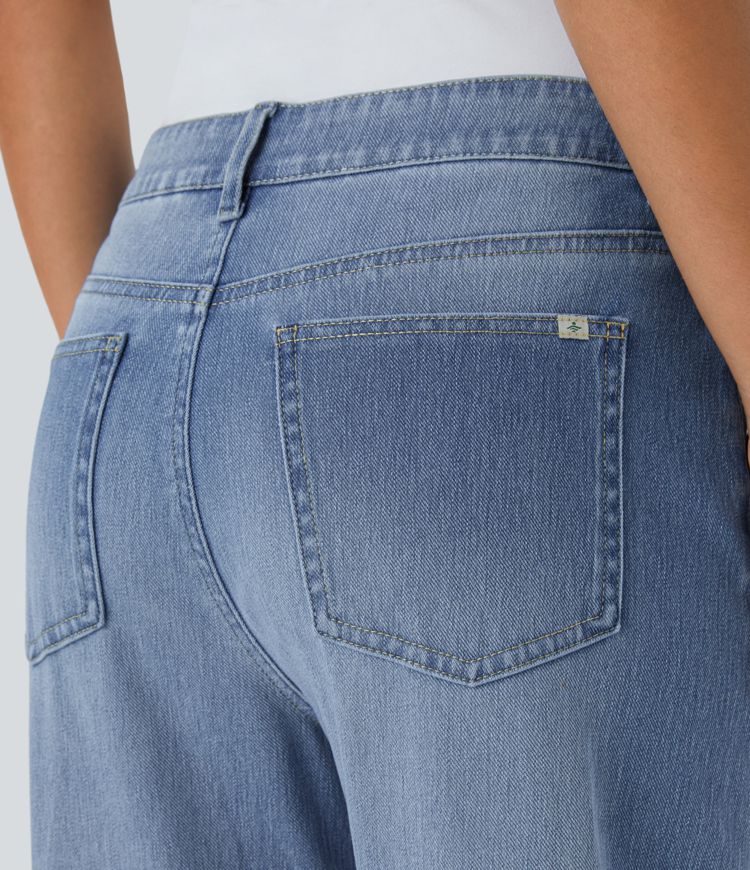 jean halara flex taille mi-basse poches zippées délavé style mom décontracté