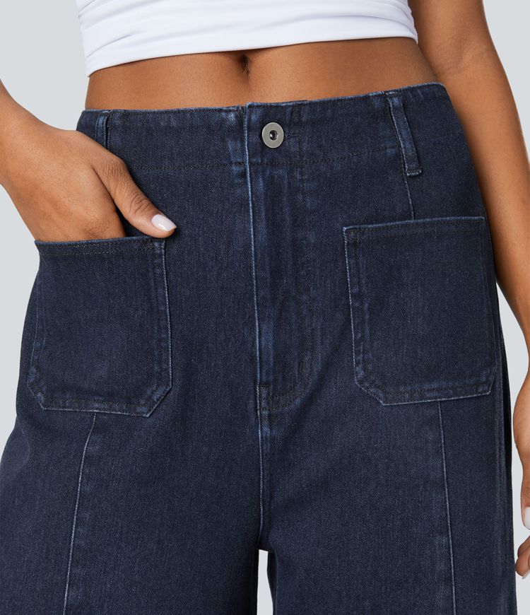 jean halara flex taille haute à poches délavé décontracté jambes larges