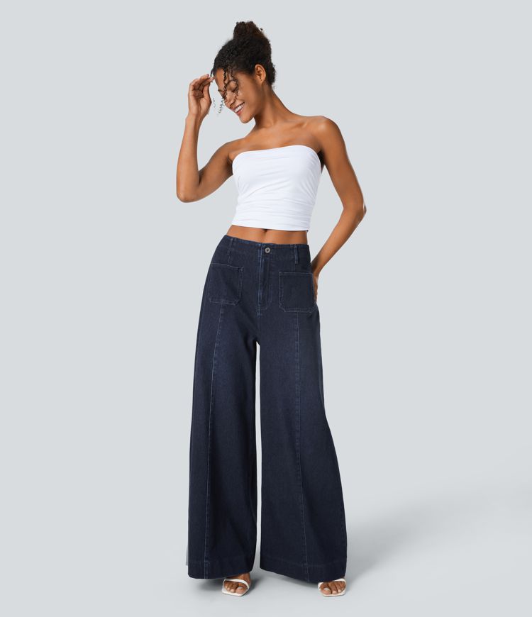 jean halara flex taille haute à poches délavé décontracté jambes larges
