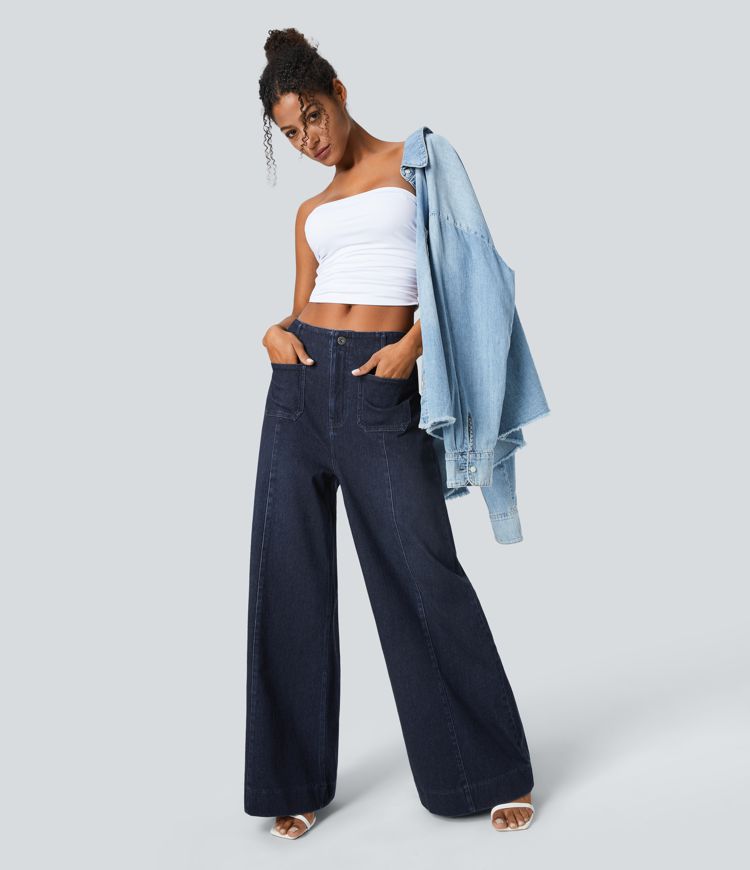 jean halara flex taille haute à poches délavé décontracté jambes larges