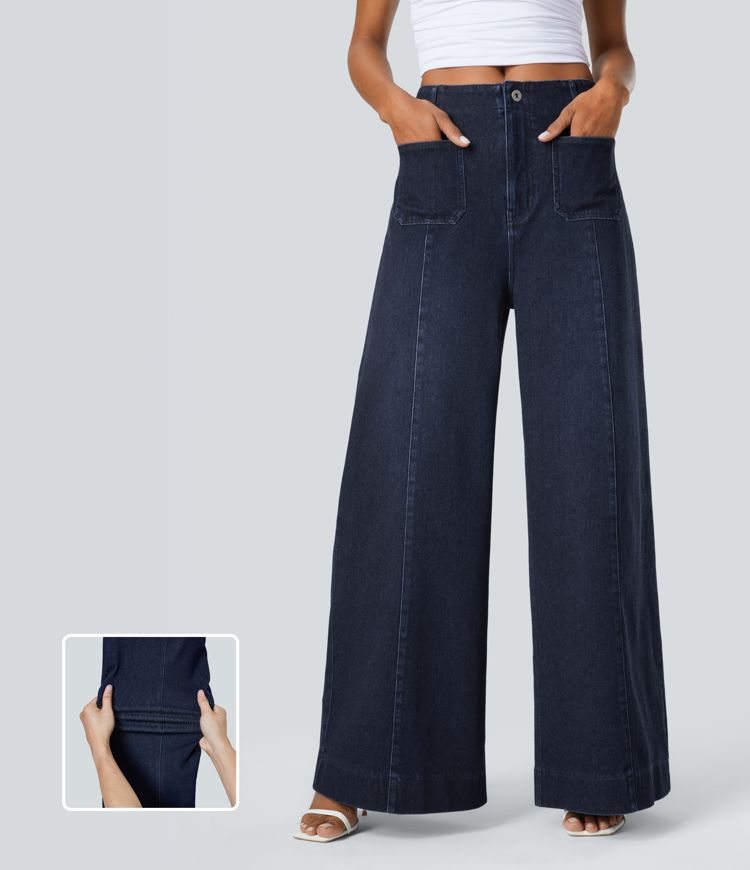 jean halara flex taille haute à poches délavé décontracté jambes larges