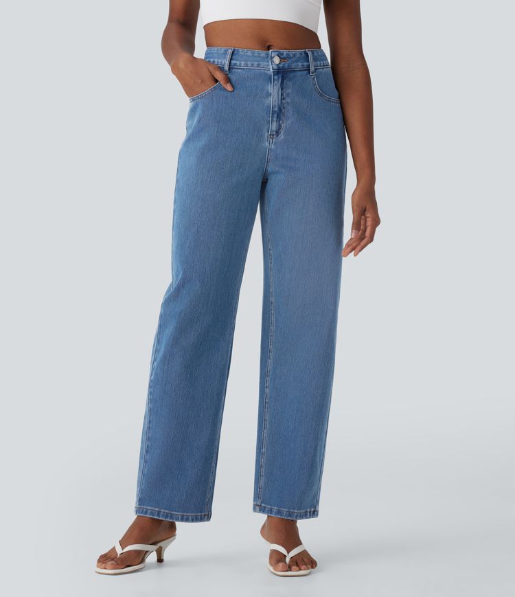 jean ample décontracté halara flex taille mi-haute délavé avec poches