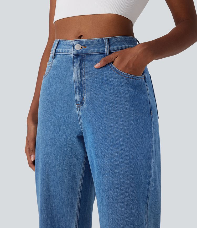 jean ample décontracté halara flex taille mi-haute délavé avec poches