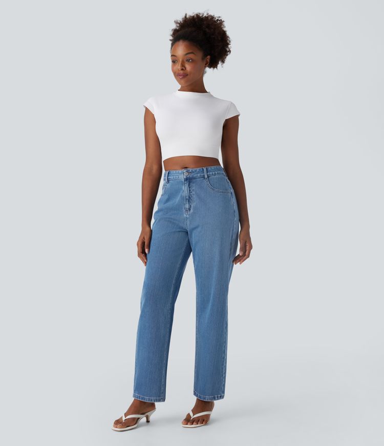 jean ample décontracté halara flex taille mi-haute délavé avec poches