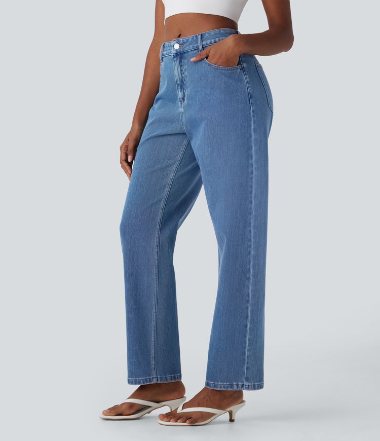 jean ample décontracté halara flex taille mi-haute délavé avec poches