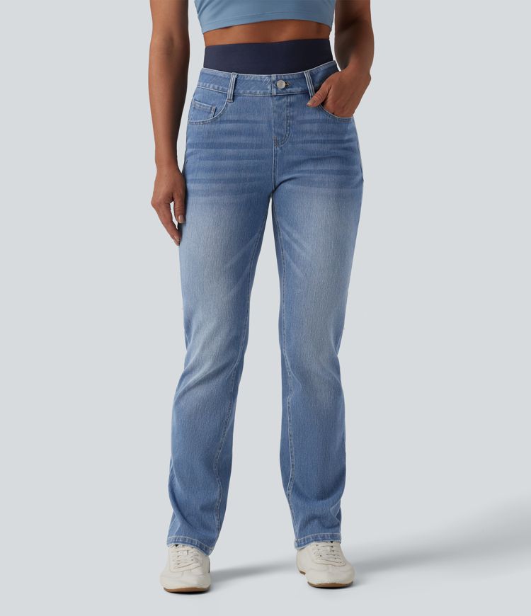 jean slim décontracté taille haute à double ceinture halara flex avec poches