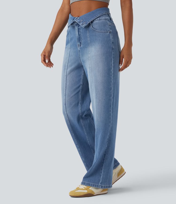 jean décontracté halara flex à taille haute et jambes droites repliables avec poches