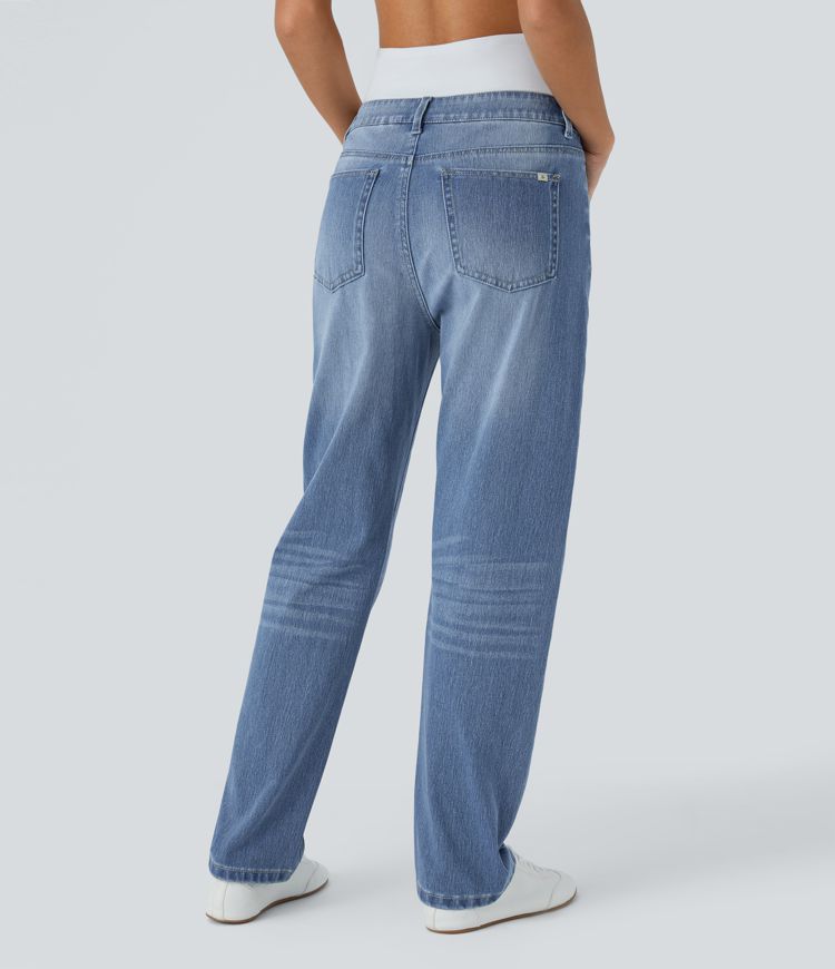 jean halara flex taille mi-basse poches zippées délavé style mom décontracté