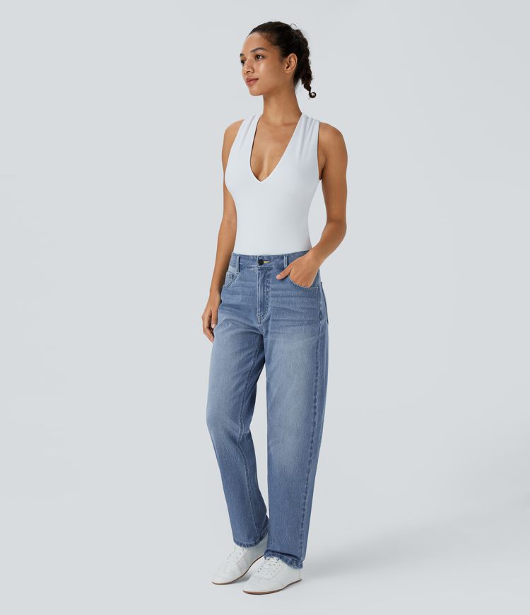 jean halara flex taille mi-basse poches zippées délavé style mom décontracté