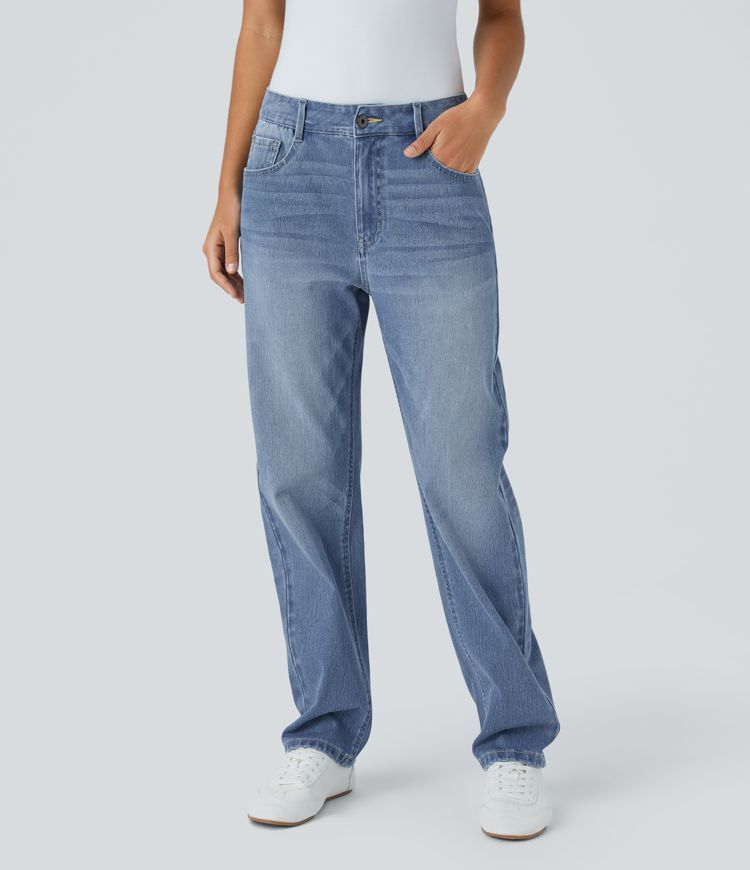 jean halara flex taille mi-basse poches zippées délavé style mom décontracté