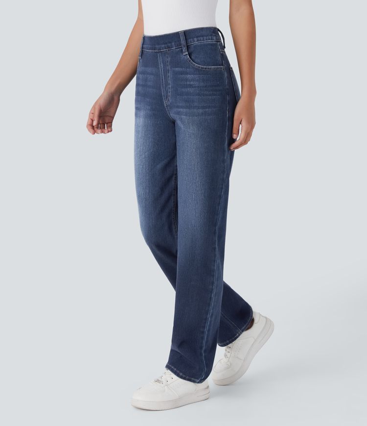 jean décontracté halara flex taille haute poches coupe droite délavé