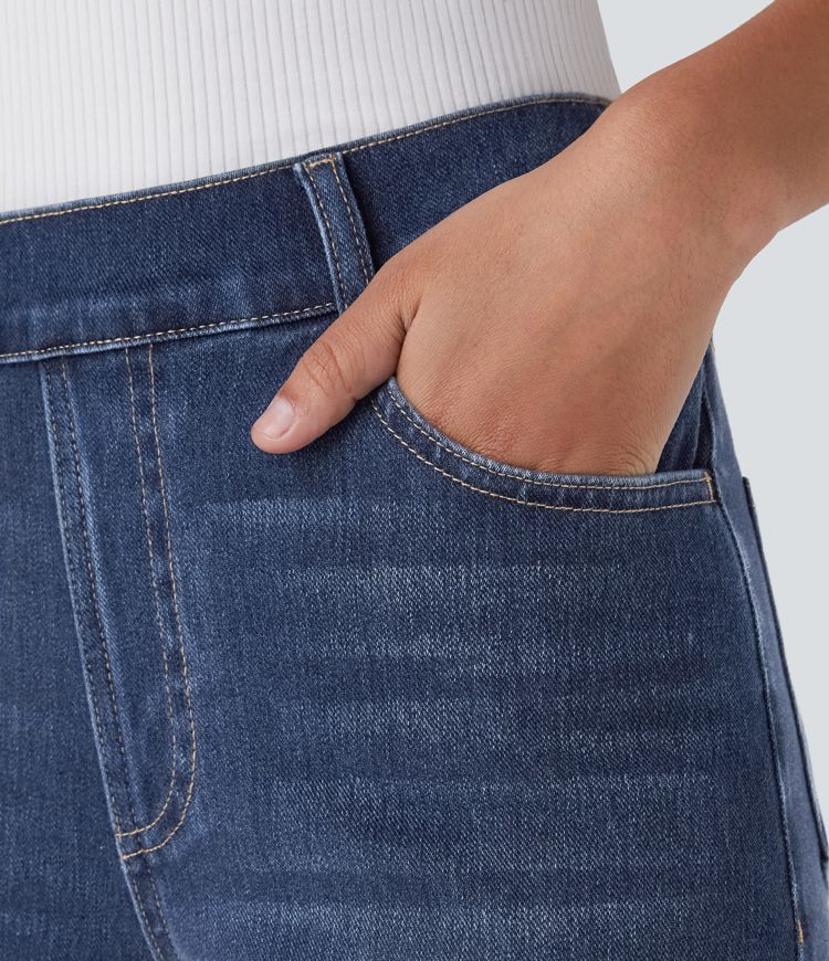 jean décontracté halara flex taille haute poches coupe droite délavé