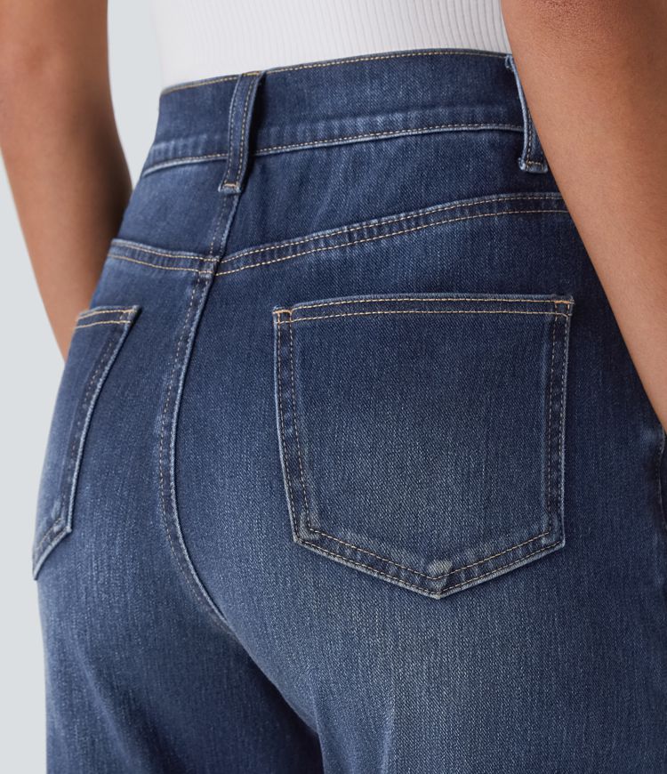 jean décontracté halara flex taille haute poches coupe droite délavé