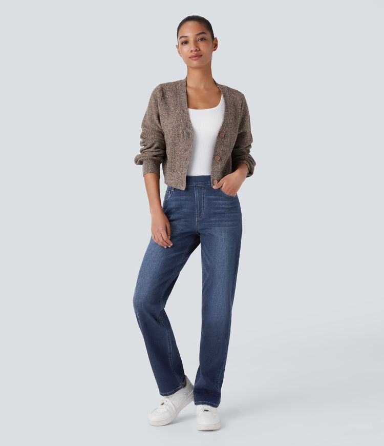 jean décontracté halara flex taille haute poches coupe droite délavé