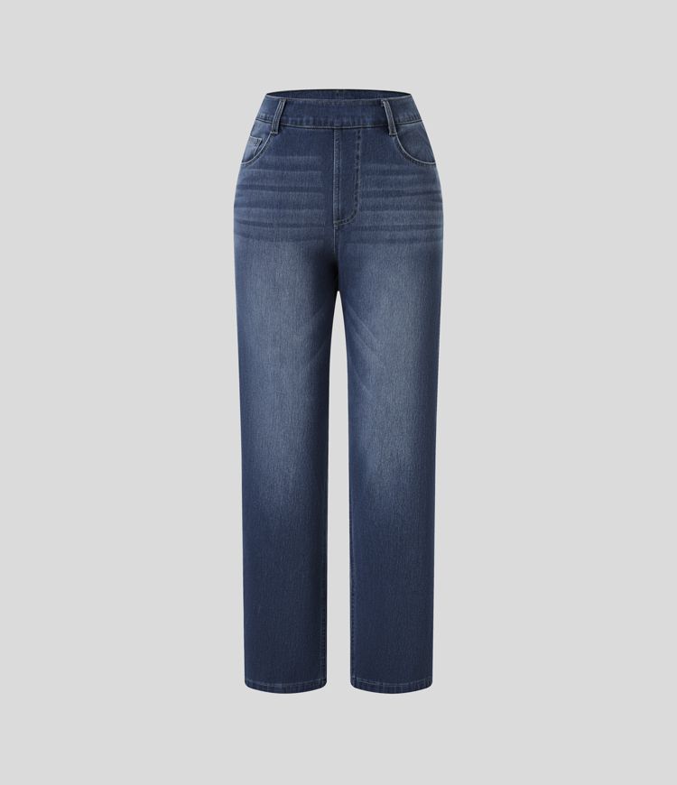 jean décontracté halara flex taille haute poches coupe droite délavé
