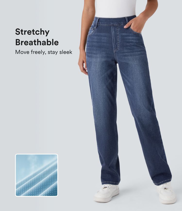 jean décontracté halara flex taille haute poches coupe droite délavé