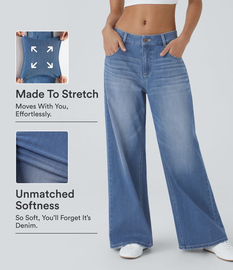 jean décontracté halara flex taille basse avec poches zippées coupe ample et jambes larges.