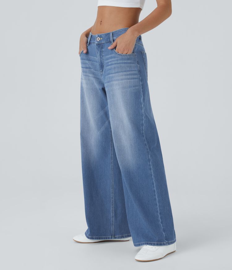 jean décontracté halara flex taille basse avec poches zippées coupe ample et jambes larges.