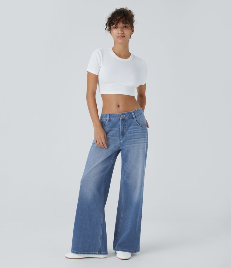 jean décontracté halara flex taille basse avec poches zippées coupe ample et jambes larges.