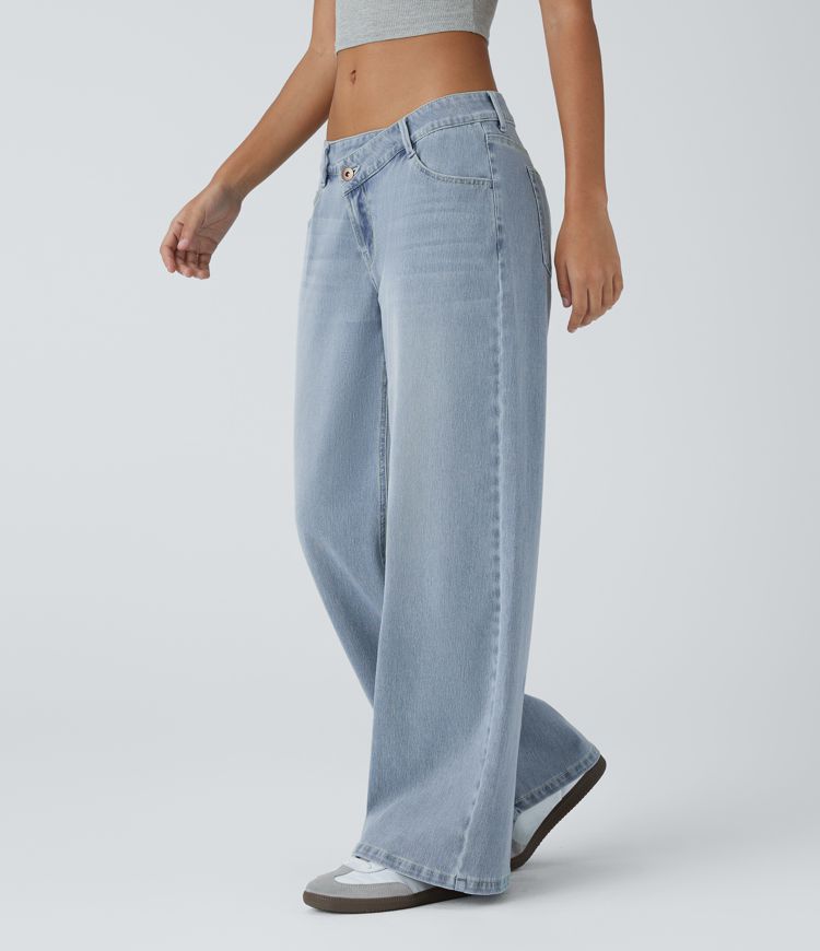 jean décontracté halara flex asymétrique taille basse avec poches zippées et jambes larges délavées