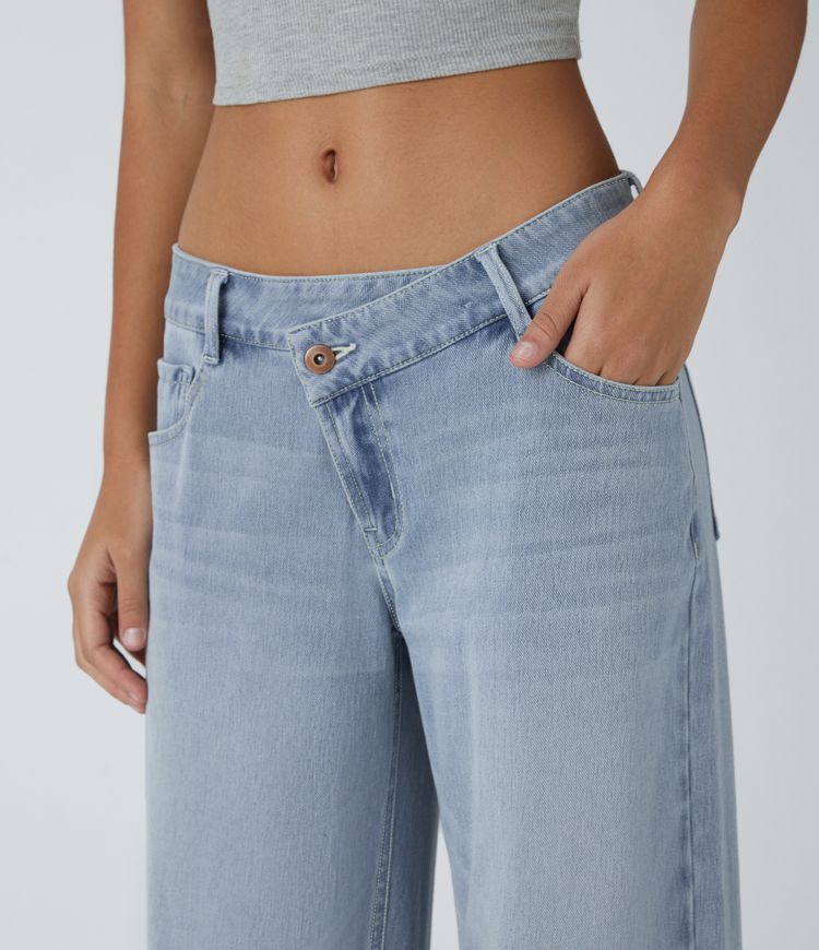 jean décontracté halara flex asymétrique taille basse avec poches zippées et jambes larges délavées