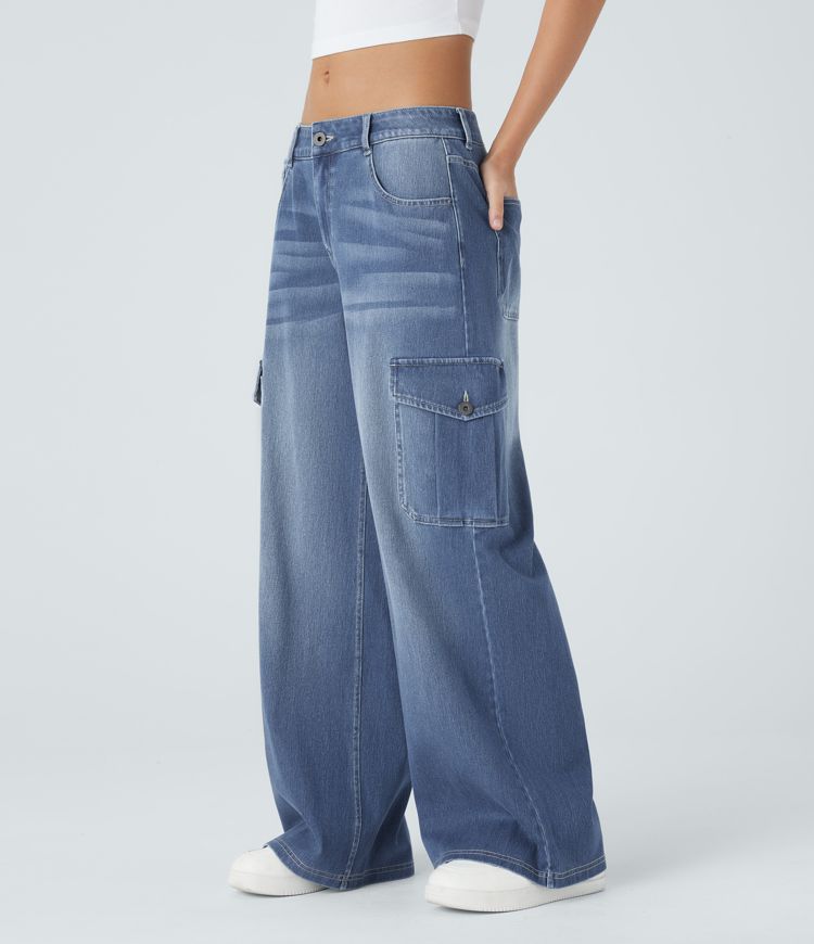 jean cargo halara flex taille basse poches coupe ample et jambes larges.